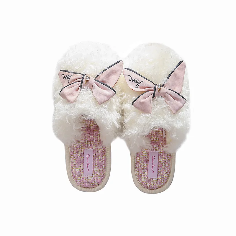 New Autumn And Winter Slippers Fashion Simple Cute Bowknot Indoor Slippers Warm Non-Slip Floor Solid Color Soft Plush Slippers