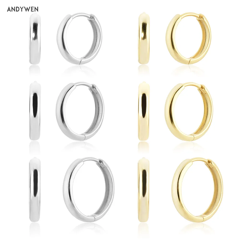 

ANDYWEN 925 Sterling Silver 12mm 14mm 16mm Plain Huggies Loops Hoops Piercing Pendiente Women Earring 2021 Women Wedding Gift