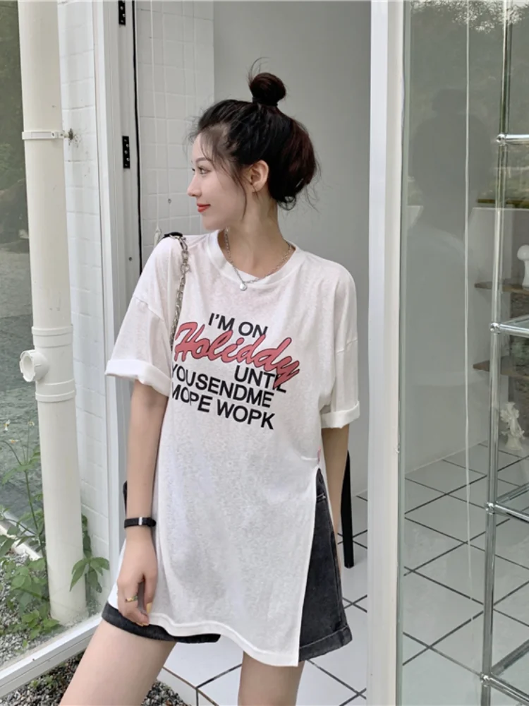 

Women's T-shirts Loose Oversize Top Fashion Letter Print Casual T-shirt O-collar Cotton Tees Summer Lady Tshirt Houthion