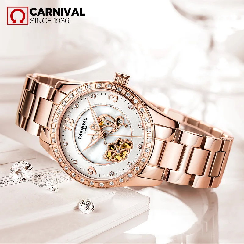 CARNIVAL Brand Fashion Mechanical Watch for Women Ladies Luxury Sapphire Luminous Automatic Wristwatches Waterproof Reloj Hombre enlarge