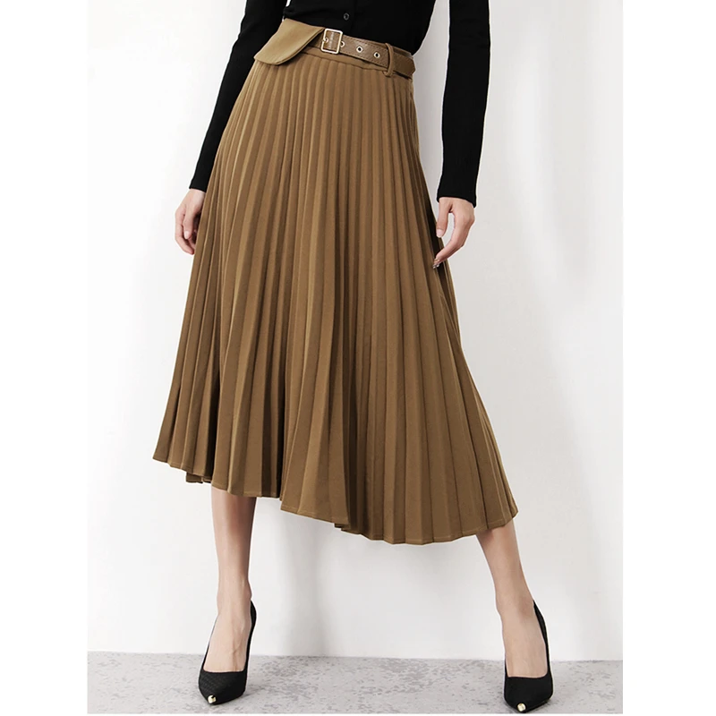 

Pleated Skirt Women Vintage Style 100% Polyester A-Line Solid Sashes Mid-calf Autumn Skirts Ladies New Fashion
