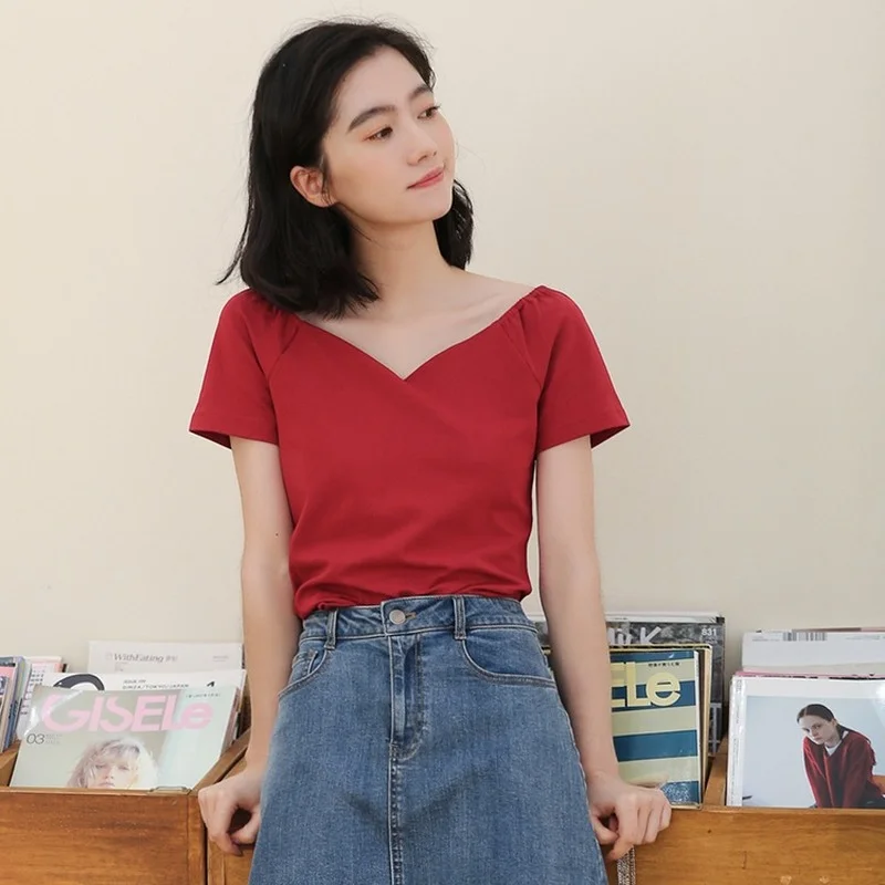 

Women Summer Casual All-match Basic Tops Korean Soft Sister Cute V-Neck Short Sleeve T-Shirts Sweet Female Cropped Tees Popular