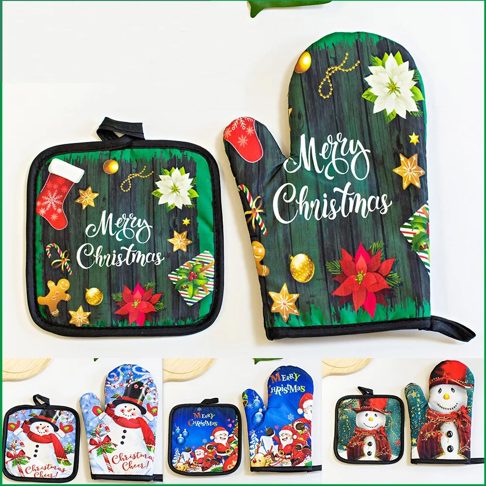 

Christmas Printed Oven Gloves Heat Resistant Anti-scald Microwave Heat Insulation Gloves Set Kitchen Utensils