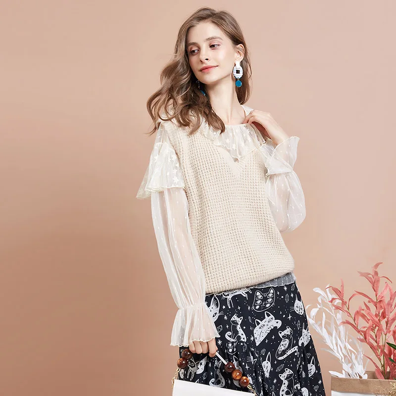 Sweater ARTKA осенний женский свитер элегантная рубашка свитер комплект из двух частей шерсть, мохер свитер жилет гофрированная кружевная рубашка YB10999Q - Цвет: Sweater