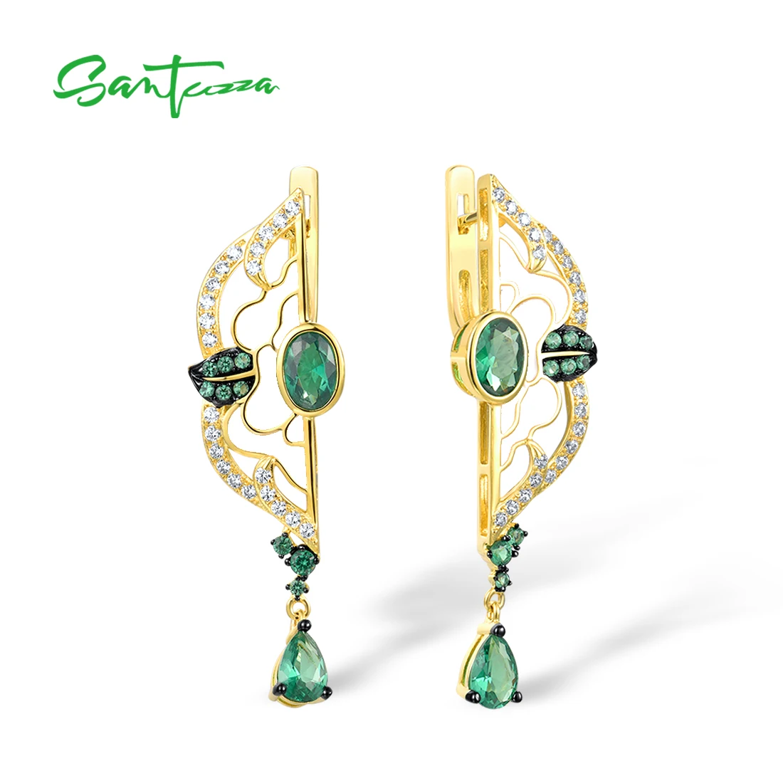 

SANTUZZA 925 Sterling Silver Earrings For Women White CZ Green Spinel Enamel Peony Asymmetric Gold Color Fine Jewelry Handmade