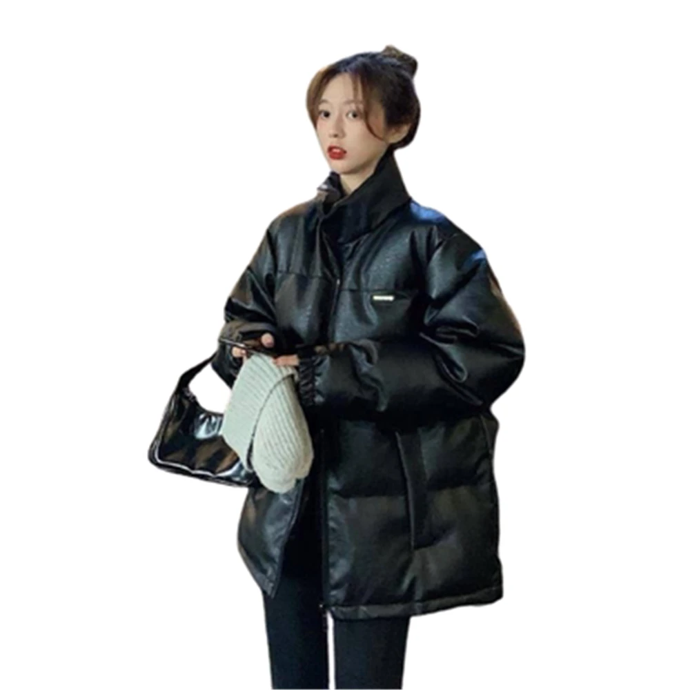 Фото Куртка женская из ПУ кожи утепленная хлопковая Парка свободного покроя черная