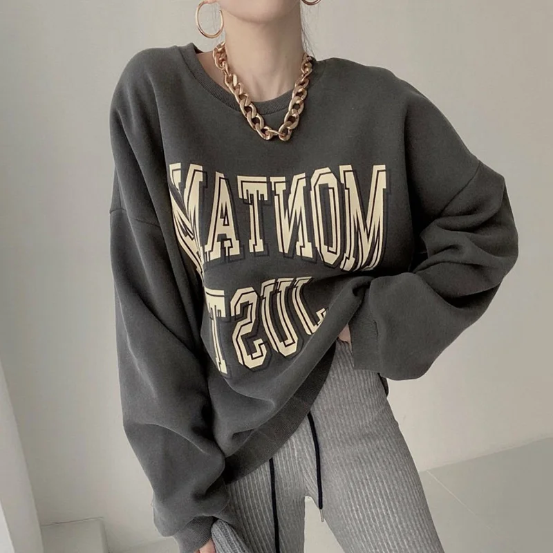 

Korean Chic Autumn Versatile Round Neck Pullover Chic Letter Print Design Loose Casual Long Sleeve Sweater