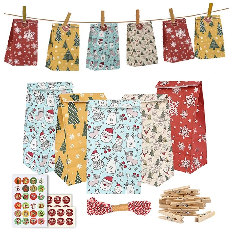 

Christmas Advent Calendar Hanging Bags 24 Days Christmas Element Candy Bags with Number Stickers Handmade DIY Sacks Xmas N0PA