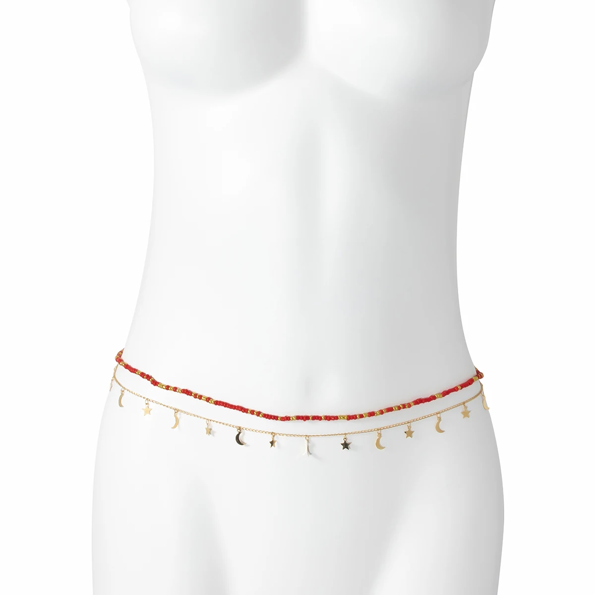 

IngeSight.Z 2Pcs/Set Little Star Moon Tassel Pendant Bikini Sexy Waist Chain Body Red Seed Beaded Chain Women Jewelry Nightclub