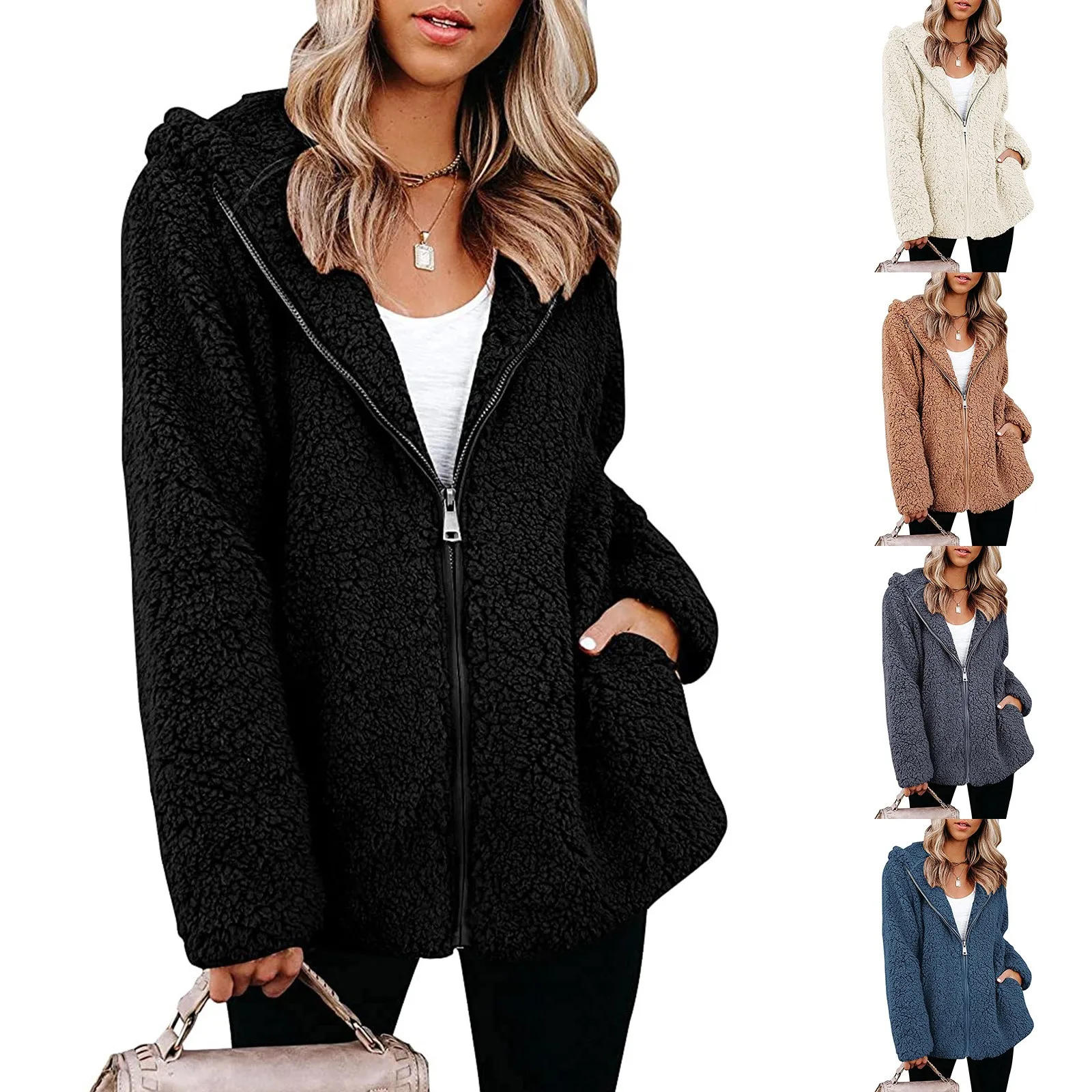 

Женская флисовая шерстяная куртка с длинным рукавом, отложным воротником и молнией, верхняя одежда из искусственной овчины, пушистое пальт...