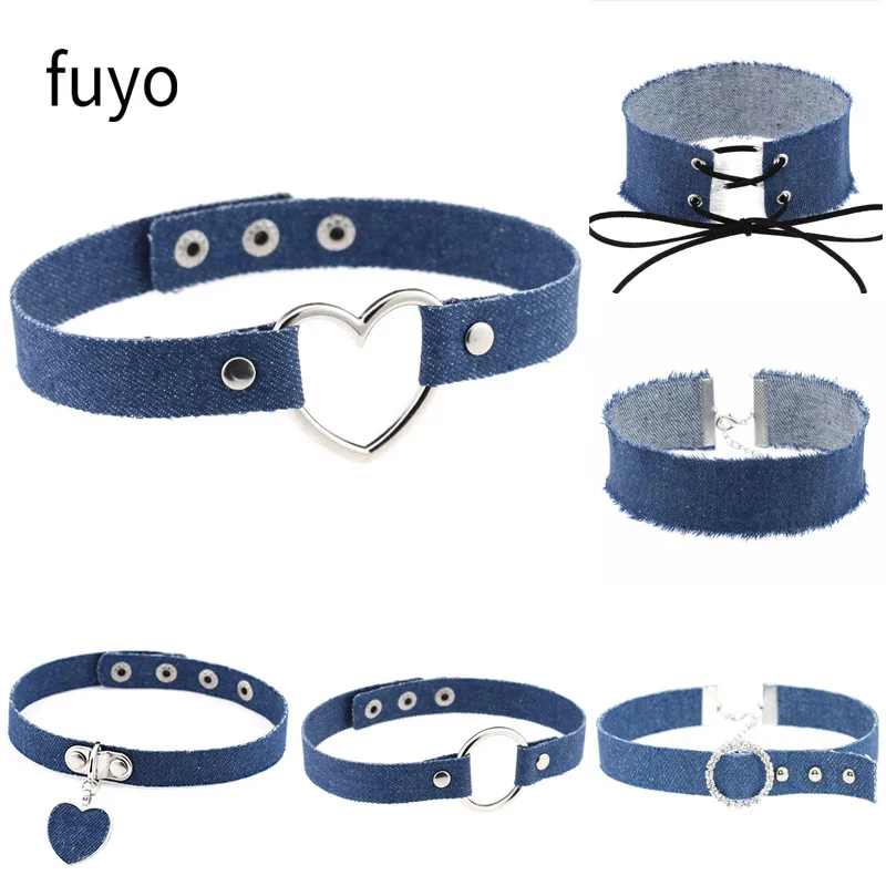 Синие джинсы чокер с подвеской в форме сердца ожерелья для женщин колье воротник