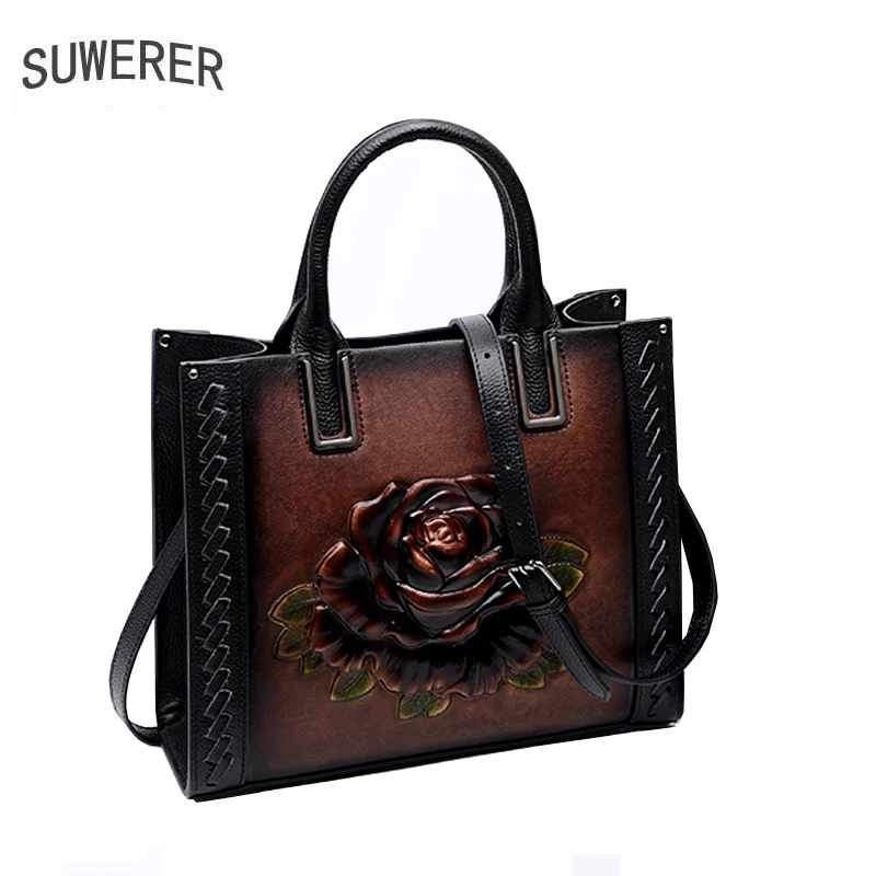 

SUWERER Women Genuine Leather handbags real cowhide bag fashion Dimensional flowers women bags luxury handbags women bags