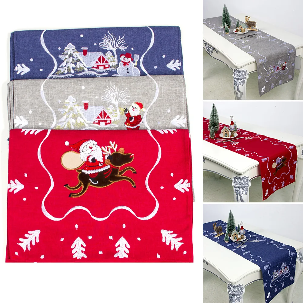 

180*40cm Embroidery Table Runner Christmas Table Cloth Cover For Home New Year Holiday Party Decoration