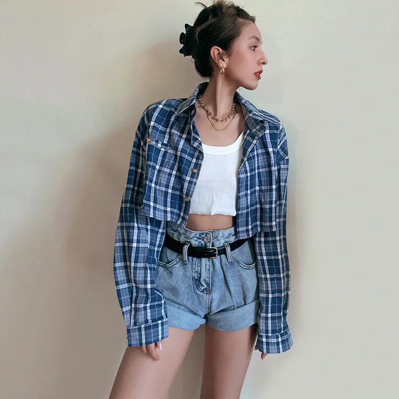 

WOMENGAGA Women Check Print Cropped Shirt Plaid Drop Shoulder Slouchy Cut Shirt Hip Hop Crop Top Checked Blouse XI9J