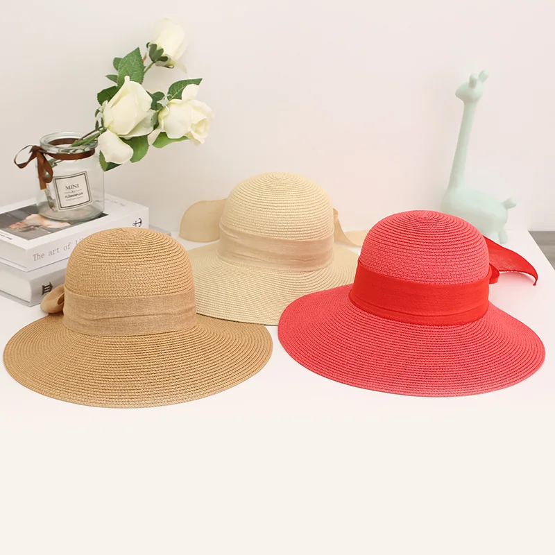 

Big Wide Brim Straw Hat Women Retro Sunscreen Sun Hat Bow Shade Cap Lady Outdoor Travel Fashion Breathable Khaki Beach Hats