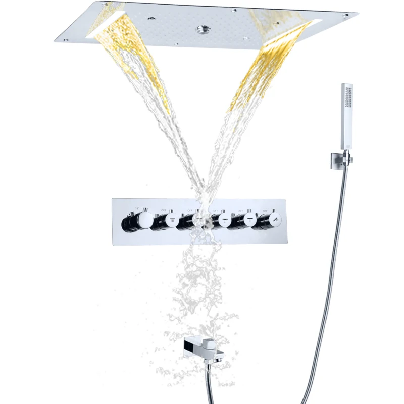 

Chrome Polished Rainfall Shower Head 70x38 Cm LED Thermostatic Bathroom High Flow Waterfall Shower Combination Set