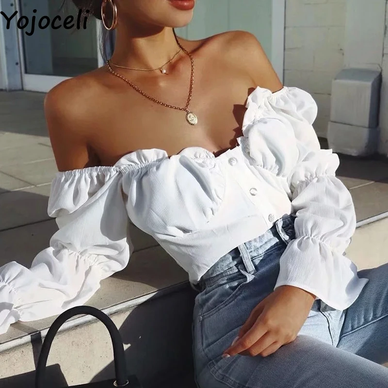 Yojoceli элегантная белая блузка с открытыми плечами и рюшами Женская Осенняя