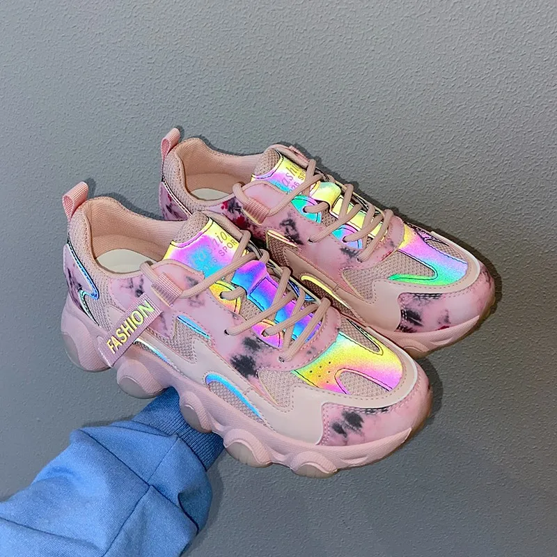 

Кроссовки женские Светоотражающие, повседневная обувь на толстой подошве, дышащие, без шнуровки, розовые