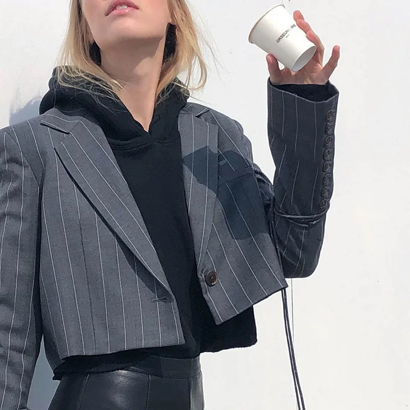Полосатый Повседневный Элегантный Блейзер Женский шикарный укороченный пиджак