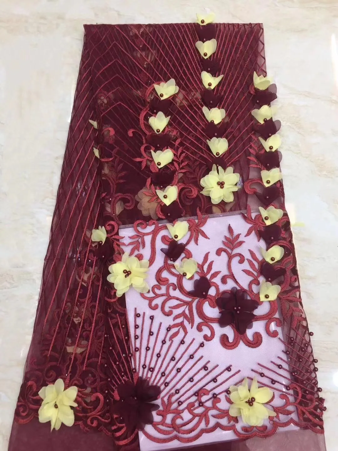 Французская 3D кружевная ткань с большими цветами африканская бисером