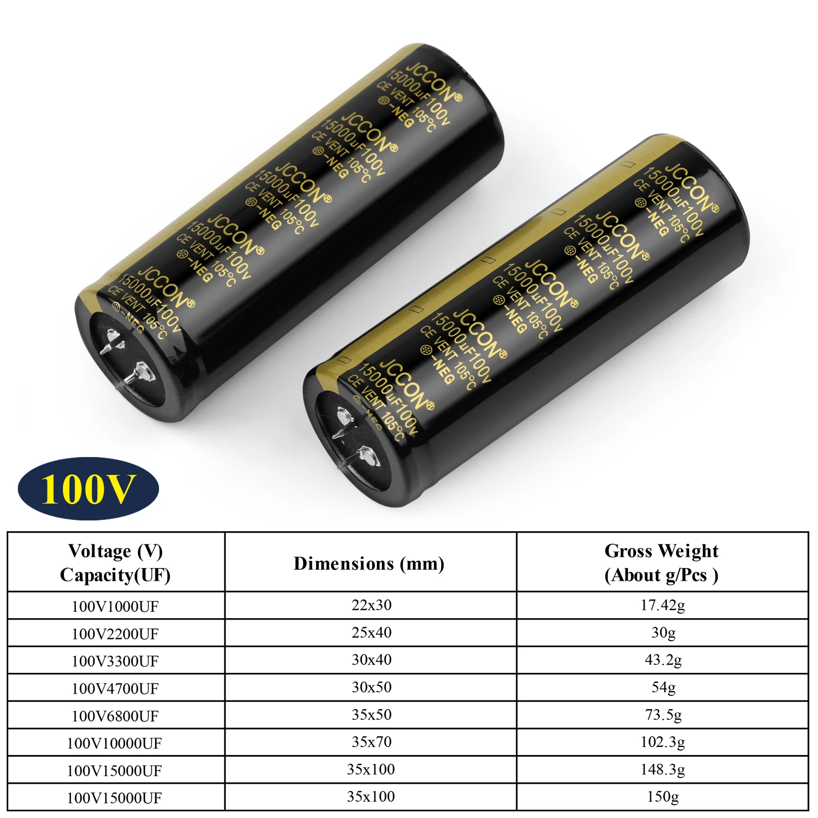 2Pcs JCCON Audio Electrolytic Capacitor 100V 1000UF 2200UF 3300UF 4700UF For Audio Hifi Amplifier High Frequency Low ESR Speaker