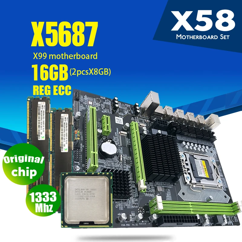 Материнская плата Atermiter X58 LGA1366 Combos X5687 ЦПУ 2 шт. x 8 ГБ = 16 DDR3 ОЗУ 1333 МГц PC3 10600R