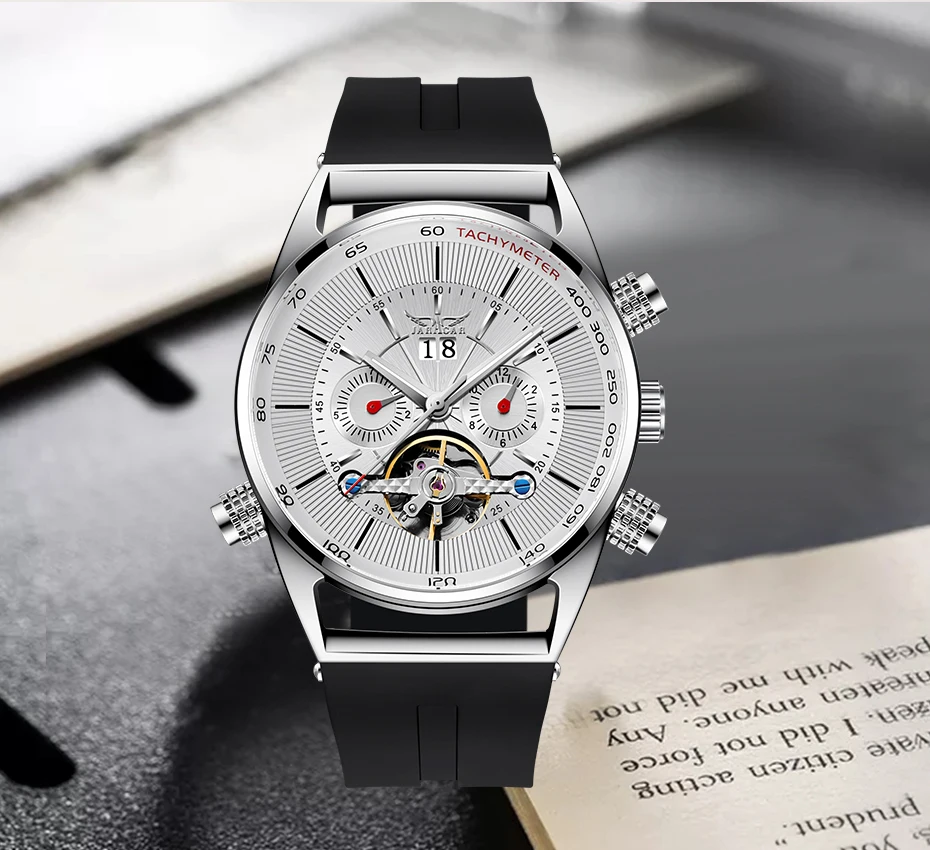 JARAGAR Tourbillion модные черные силиконовые часы многофункциональный дисплей Мужские автоматические механические часы Роскошные мужские часы