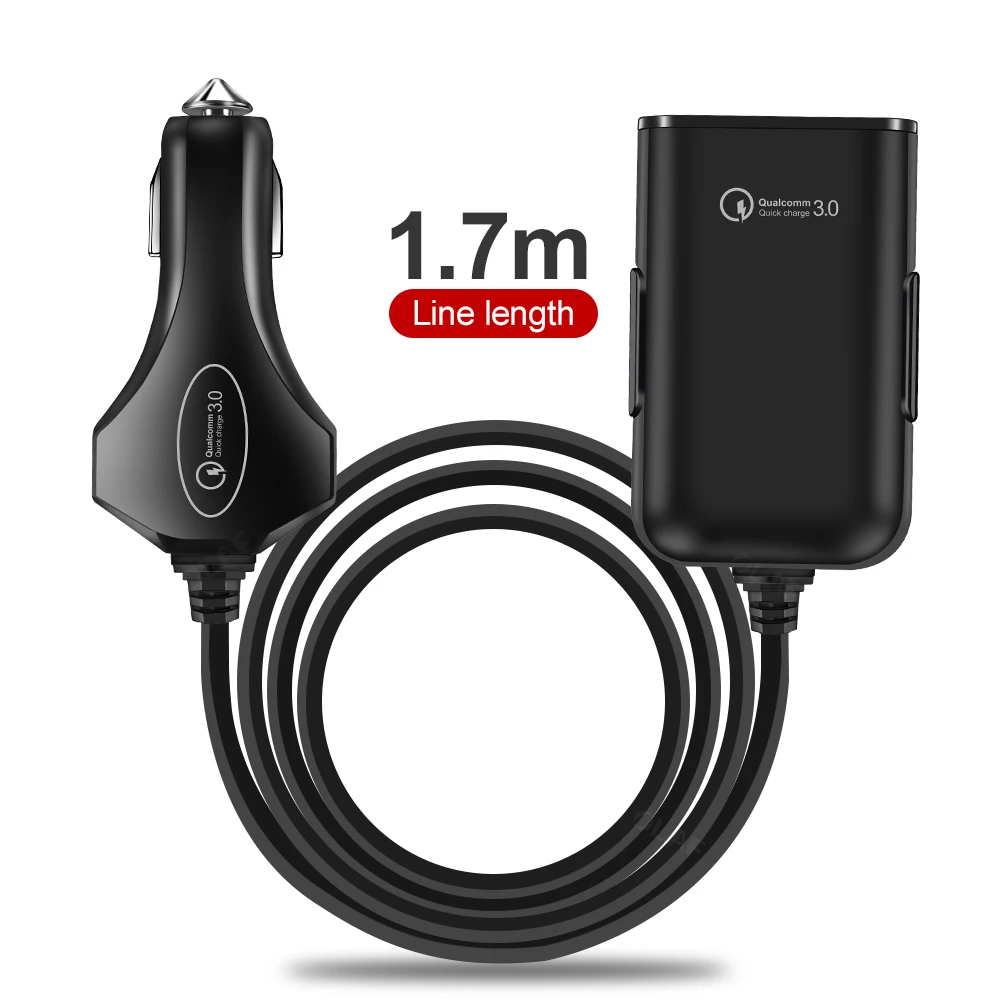 Автомобильное зарядное устройство с 4 usb-портами, быстрая зарядка 3,0, автомобильное зарядное устройство с кабелем 1,7 м для планшета, смартфона iPhone X 8 7, расширенный адаптер QC 3,0