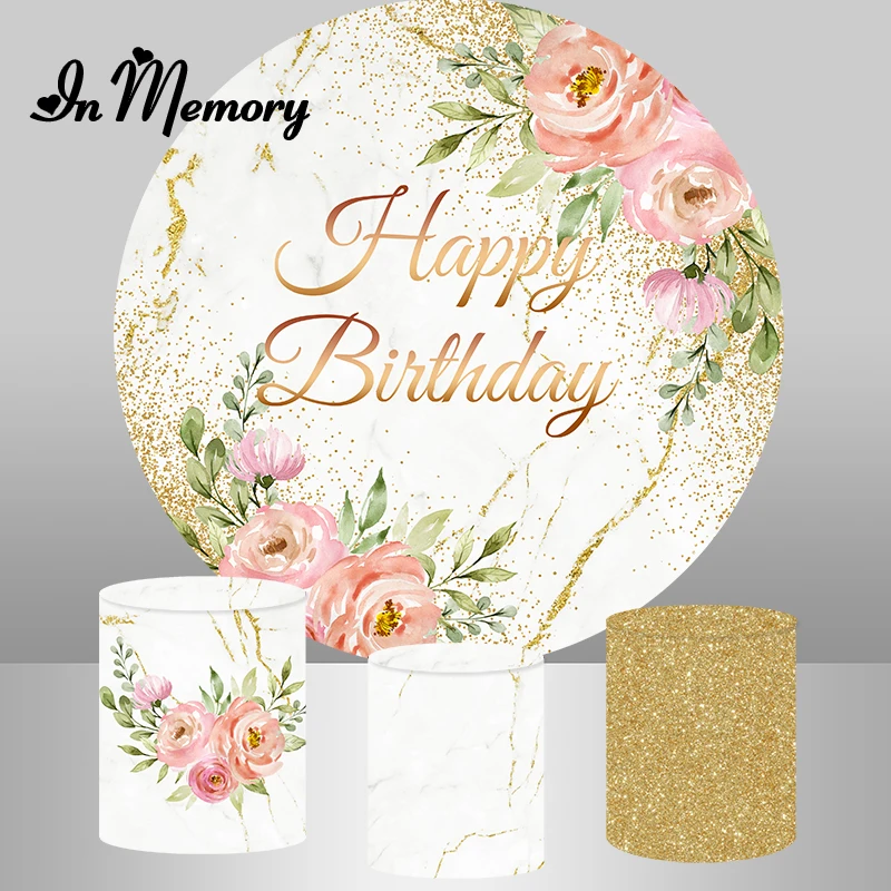 

InMemory Flowers Lady Woman Birthday Party Round Backdrop Cover Romantic Gold Glitter Wedding Background Plinth Covers Elastic