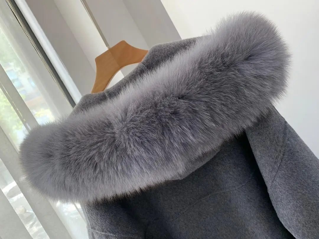 Корейское длинное кашемировое пальто с настоящим бренд Fox Fur Trim Hoodie теплое плотное пальто с большими карманами женская верхняя одежда зимнее пальто