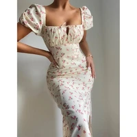 2021 summer womens new french retro square neck puff sleeve dress floral slim slimming split casual long skirt