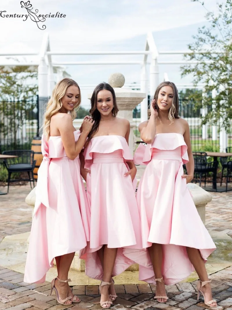 Розовые платья для подружек невесты Hi-Lo с карманами и большим бантом без бретелек