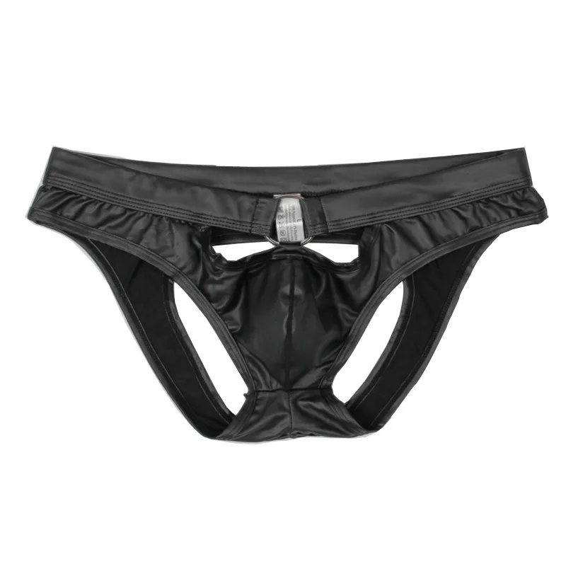 

New Low Waist Sexy U-convex Design Men's Imitation Leather Briefs With Metal Decorative Buckle Sexy Lacquer Leather Triangle