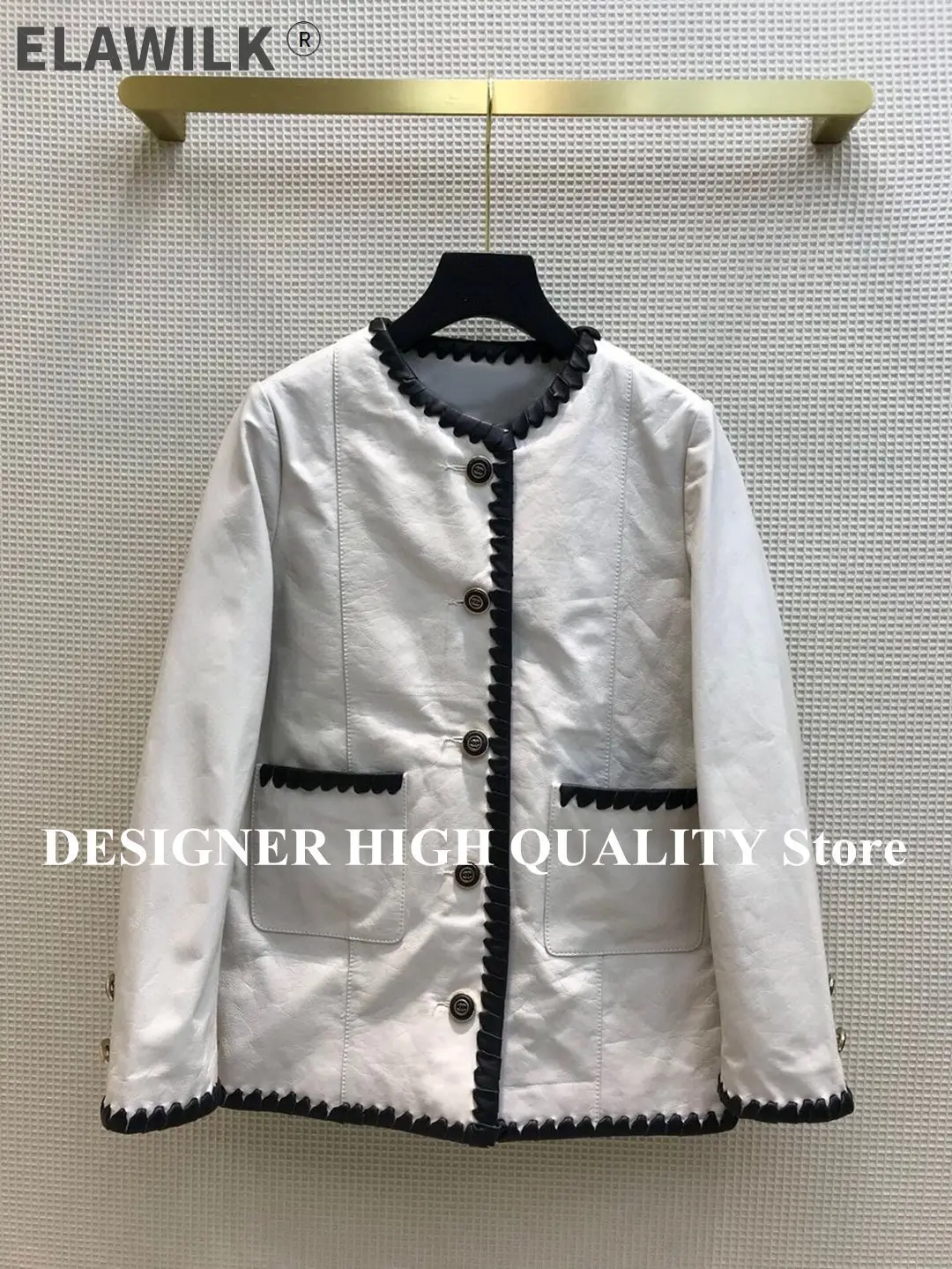 

Luxury 100% Sheepskin Jackets Women 2021 New High-end Brand O-neck Single Breasted Stripe Patchwork Beige Retro Leather Coat