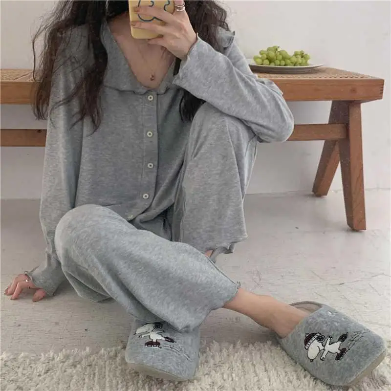 Pajamas Women's Spring Autumn Simple Long Sleeve Korean Leisure Home Wear Lady Nightgown Thin Female Sleepwear Set Sleeping Wear