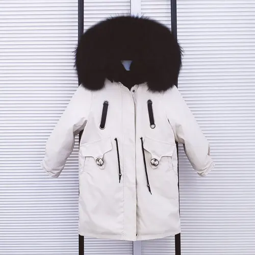Khaki Black Новинка года, парки с натуральным мехом для мальчиков и девочек зимняя детская куртка Xlong пальто с капюшоном из натурального меха енота Съемная подкладка из кроличьего меха - Цвет: Khaki Black