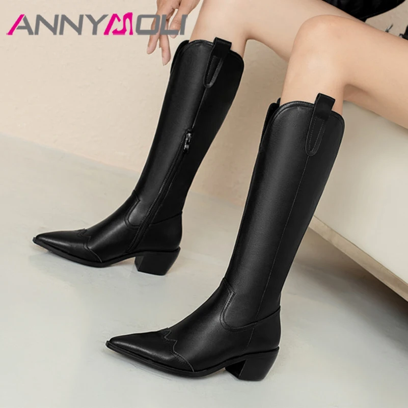 

Женские сапоги до колена ANNYMOLI, с острым носком, на блочном каблуке, на молнии, на высоком каблуке, черные, в западном стиле, для осени и зимы, 46