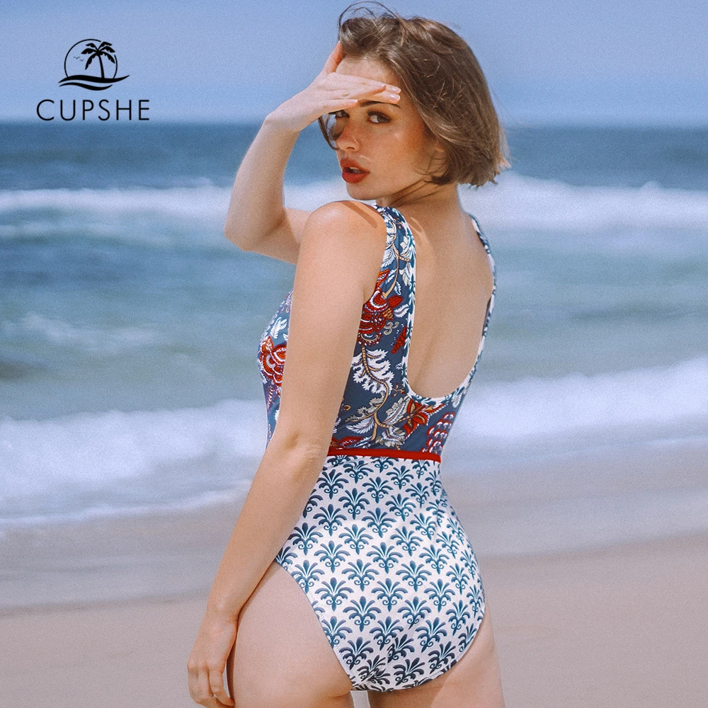 CUPSHE синий с принтом глубоким вырезом Цельный купальник женский сексуальный v
