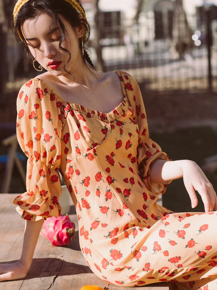 

ChunShang 2021 French Dress Sexy Women's Elegant Slim Short-sleeved Evening Fashion Sexy Floral Chiffon Palace Retro Tight Dress