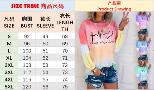

Long Sleeve Tie-Dye Gradient Woman Cotton T Shirt Casual Loose Letter Tee Shirt Fashion Ladies Tops Plus Size 5XL Spring Autumn