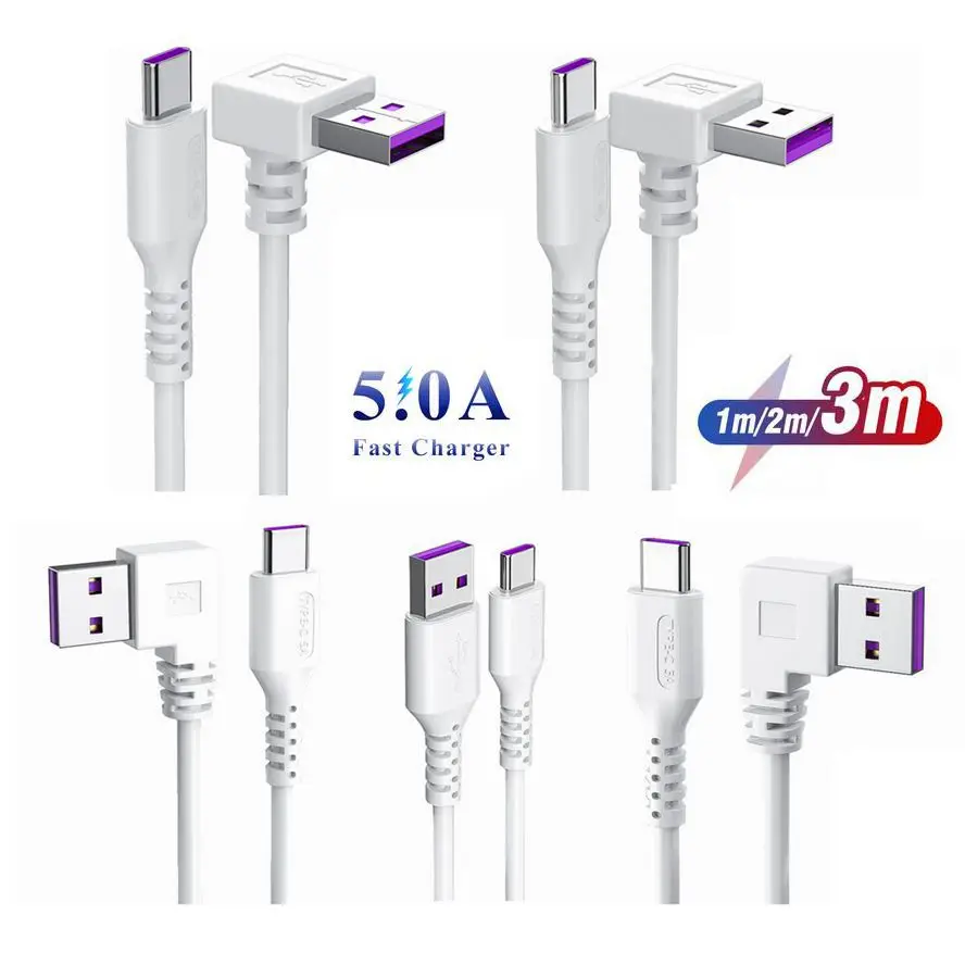 90 Degree 5A USB Type C Cable For Huawei P40 Pro Mate 30 P30 Pro Super 40W Fast Charging USB-C Charger Date Cable For Phone Cord