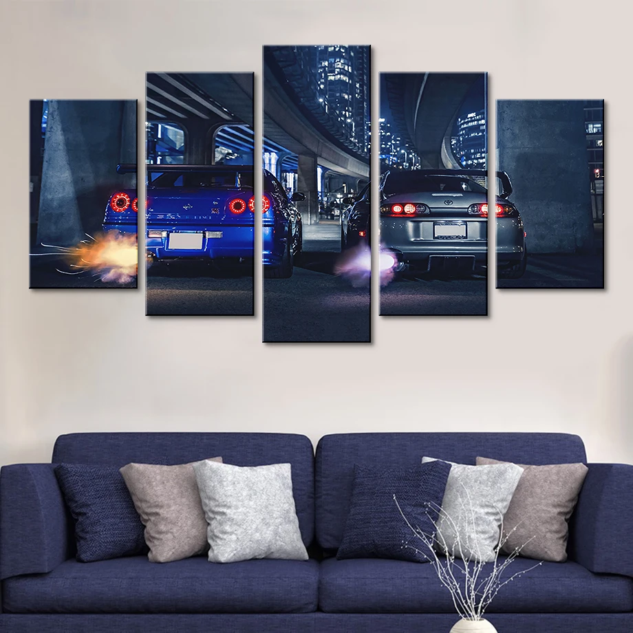 HD холст печатная картина 5 шт. стены Искусство рамки GTR R34 против Супра автомобиль