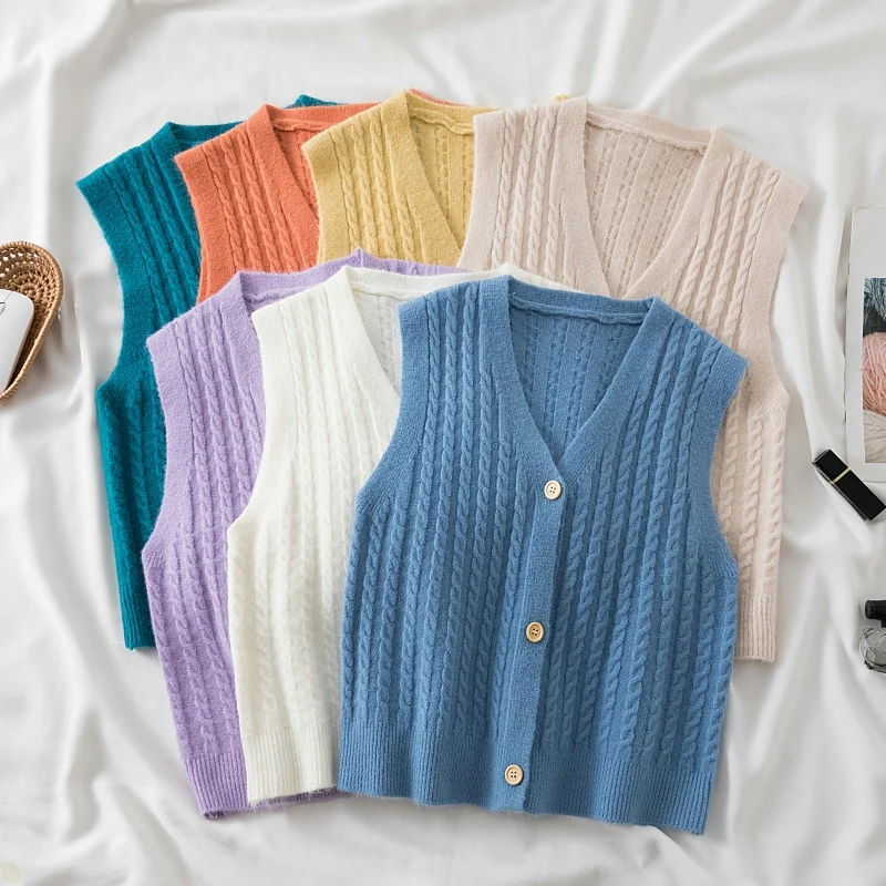 

Women Short Knitted Sweater Sleeveless Korean Women Solid Color Vest Ladies V-Neck Pullover Female Tops Waistcoat Coats2021