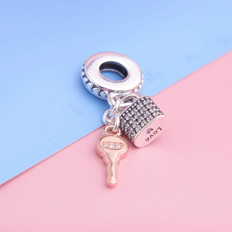 

New Valentine's day Pave Padlock & Key Dangle Love Charms fit fashion Bracelet necklace DIY For women jewelry Wholesale
