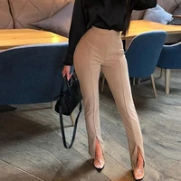women sexy front slit pencil pants solid color elastic high waist elegant casual office ladies tight stretch trousers workwear