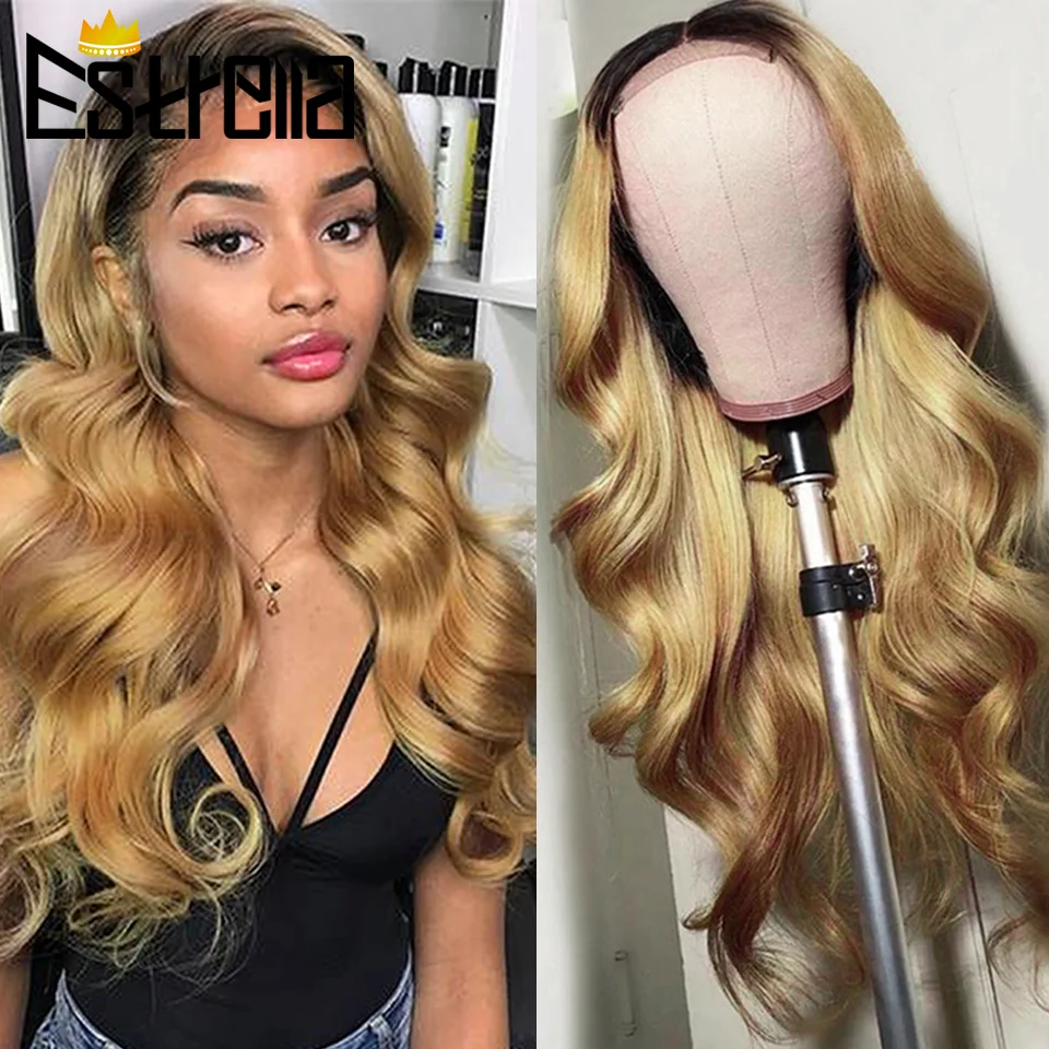 

Ombre Honey Blonde Body Wave Wigs 1B 27 Color Pre Plucked Brazilian 4x4 Lace Closure Glueless Human Hair Wigs For Black Women