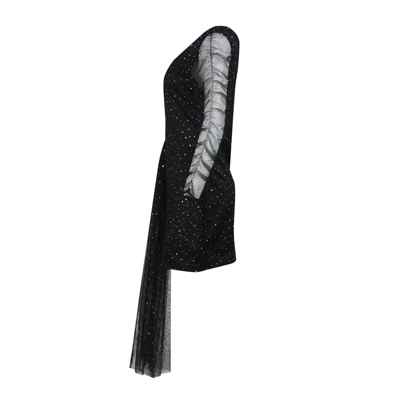 

Glitter One Shoulder Sheer Mesh Ruched Long Sleeve Bodycon Dress Women Dress Party Night Elegant Midi Dress Mujer Black Dress