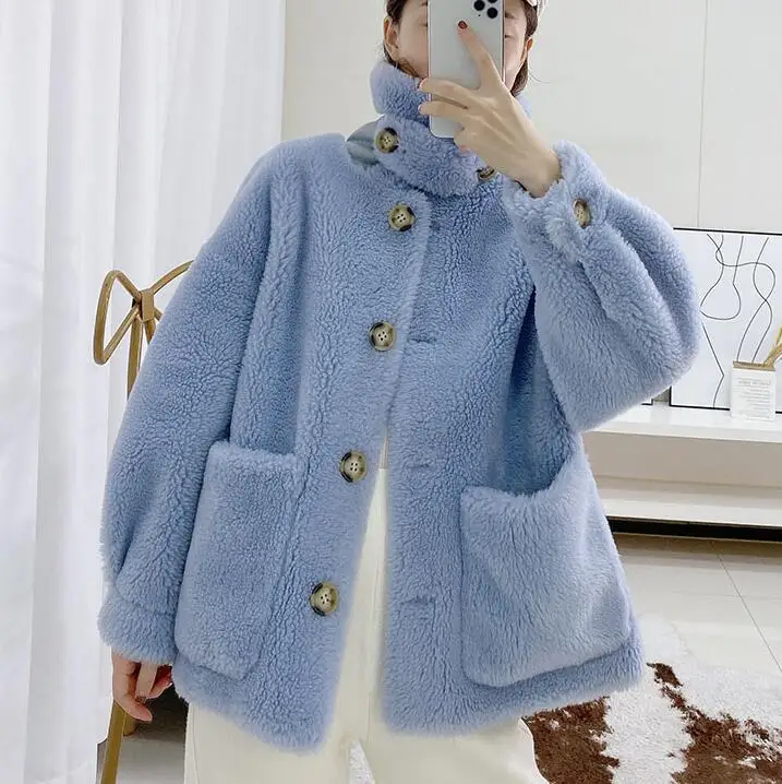 sky blue Зимняя куртка из овечьей шерсти, модная женская куртка с воротником-стойкой и натуральным мехом ягненка, двусторонняя - Цвет: sky blue