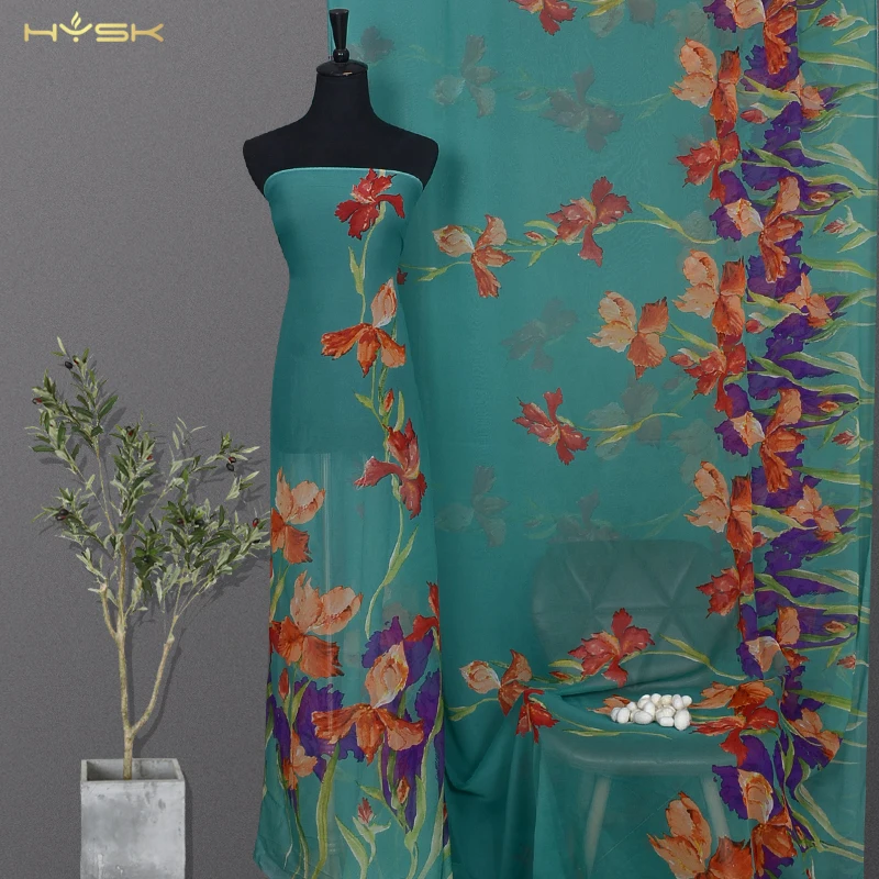 

HYSK natural silk georgette fabric genuine floral printed manufacturars by the yard 140cm wholesale DIY for sewing clothes Q3841
