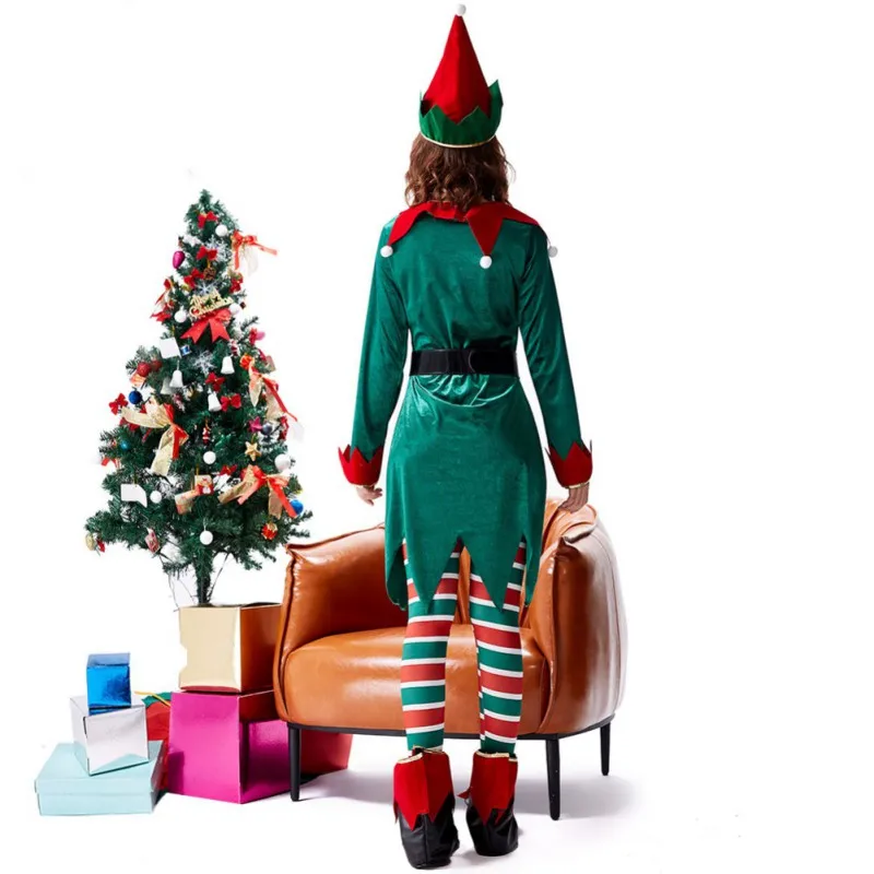 

2020 New Christmas Elf Costume for Women 4pcs Hat Top with Belt Pants Santa Cosplay Performance Long Sleeve Christmas Costume